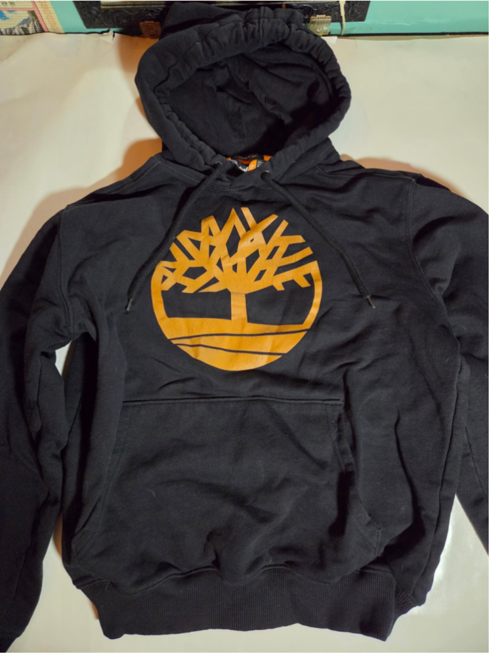 Men's Timberland Logo Hoodie Sweatshirt Black Orange Size S
